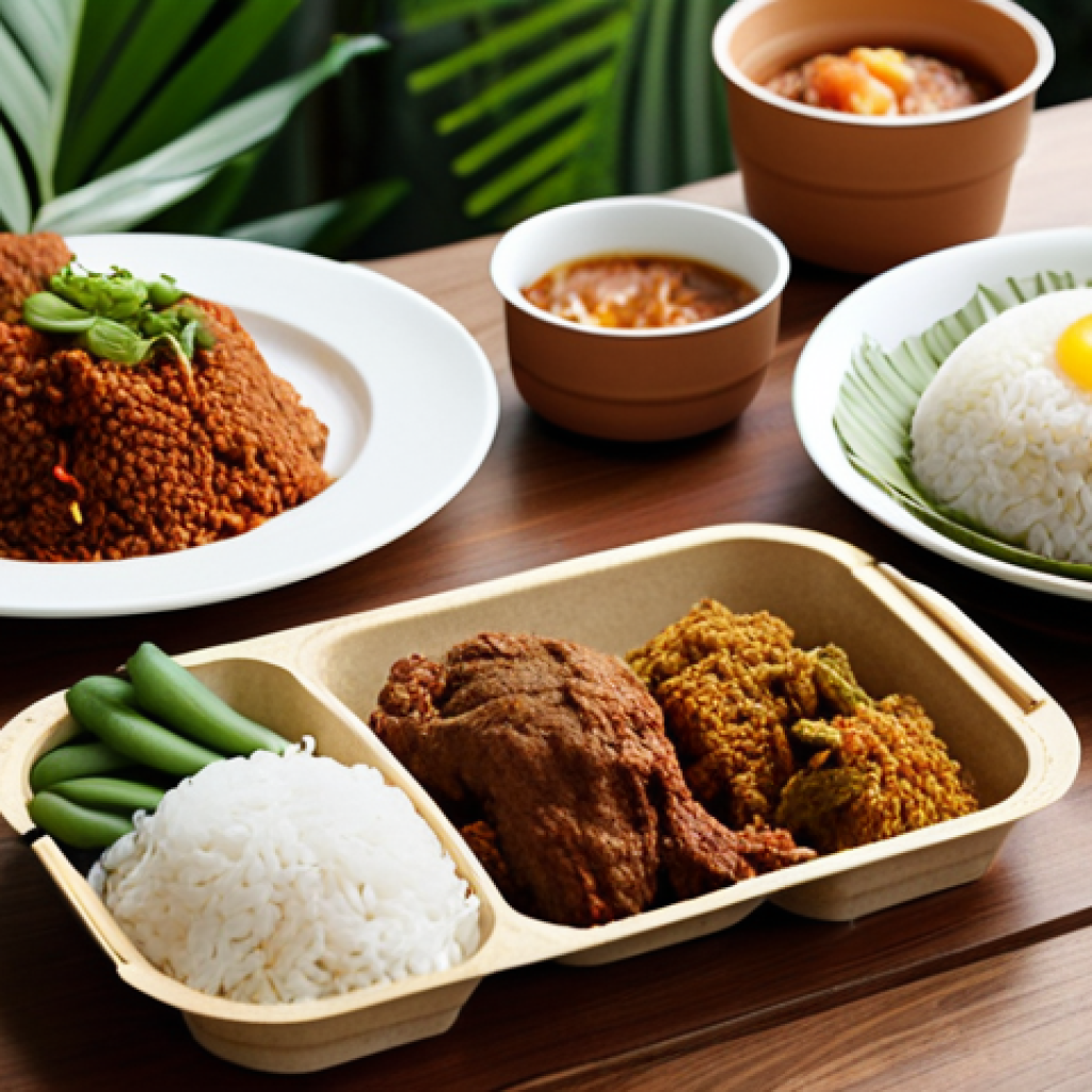 **

"Eco-friendly food packaging on a table setting with popular Malaysian dishes like Nasi Lemak and Rendang. Focus on biodegradable containers made from PLA, showcasing earth tones and a modern, minimalist aesthetic. A family enjoying the meal in the background, subtly emphasizing sustainability."

**